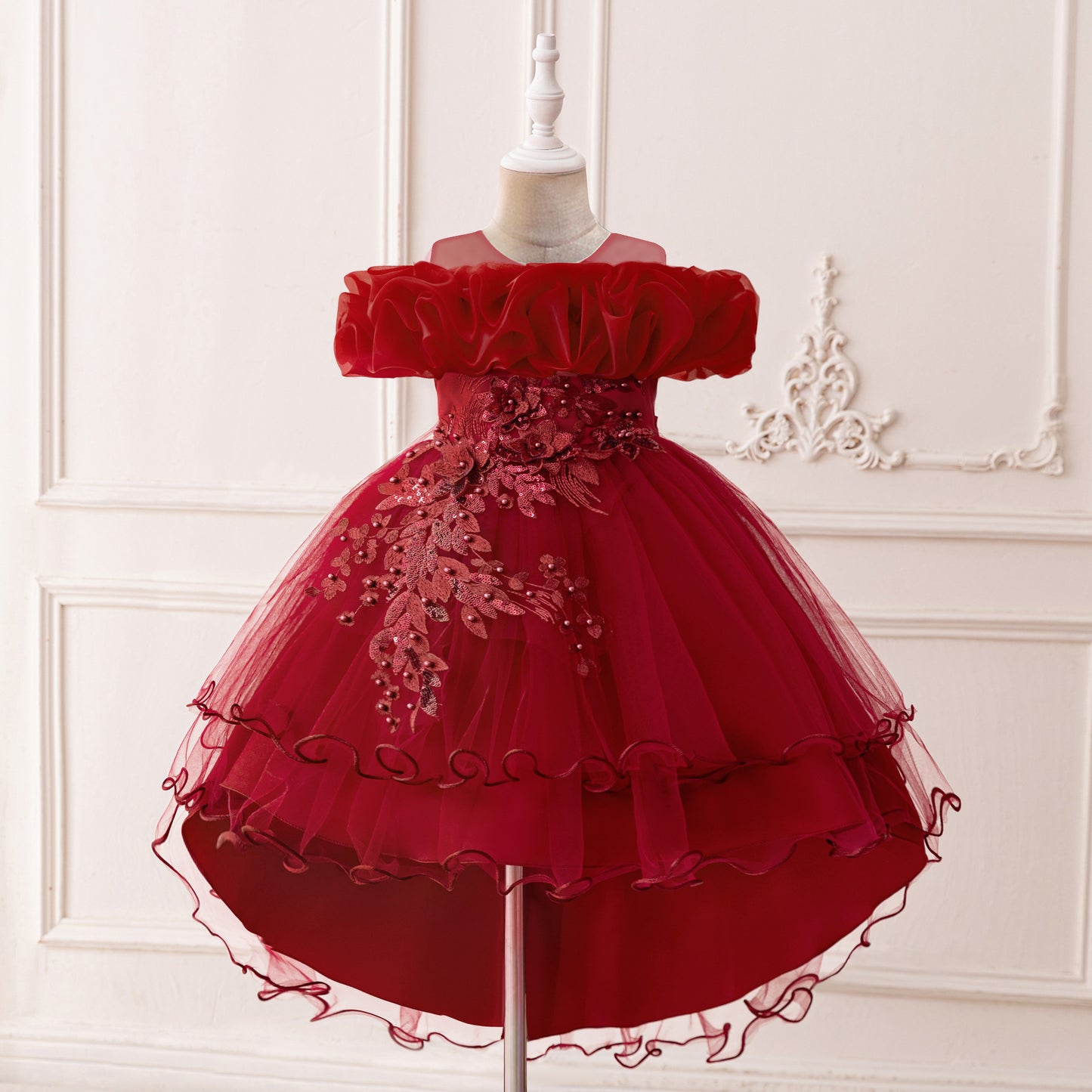 children's formal dress with train, flower girl wedding gown, princess tutu tulle dress, one-shoulder evening gown
