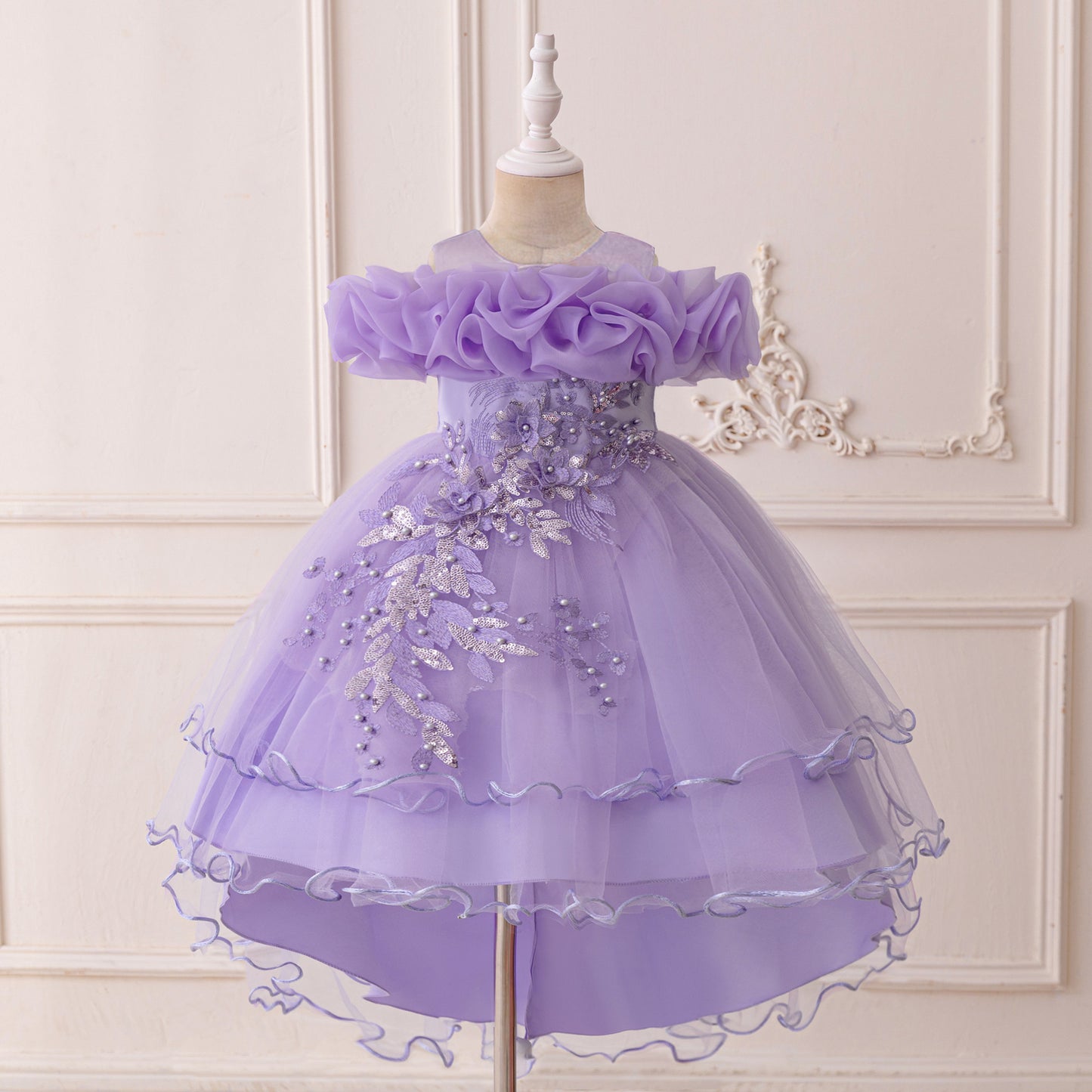children's formal dress with train, flower girl wedding gown, princess tutu tulle dress, one-shoulder evening gown