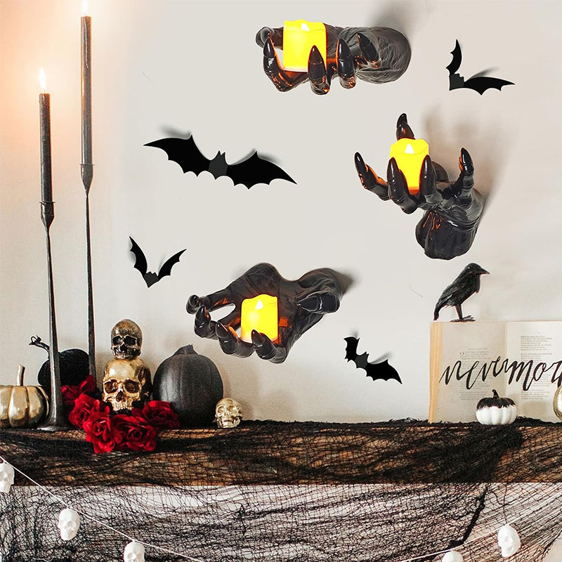 gothic halloween indoor decor: 12-pack bat sticker wall hangings (spooky hands & lit candles) for gothic walls