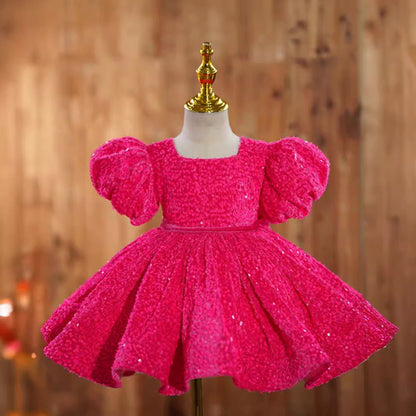 Rose red girls' dress birthday party princess runway piano performance costume flower girl short skirt