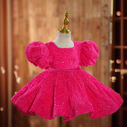 Rose red girls' dress birthday party princess runway piano performance costume flower girl short skirt
