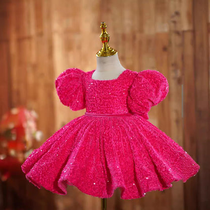 Rose red girls' dress birthday party princess runway piano performance costume flower girl short skirt