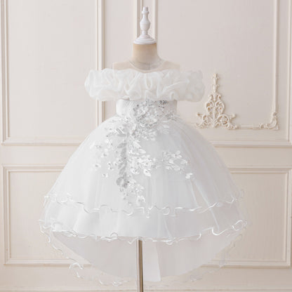 Children's Formal Dress with Train, Flower Girl Wedding Gown, Princess Tutu Tulle Dress, One-Shoulder Evening Gown