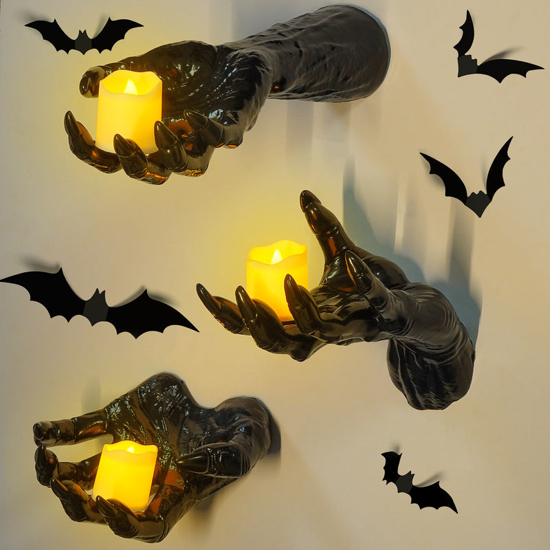 gothic halloween indoor decor: 12-pack bat sticker wall hangings (spooky hands & lit candles) for gothic walls