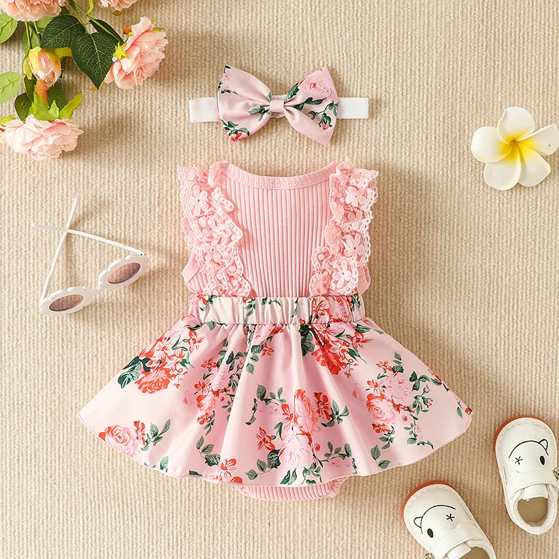 ibaby and children's set with pit strip lace splicing flower full print jumpsuit