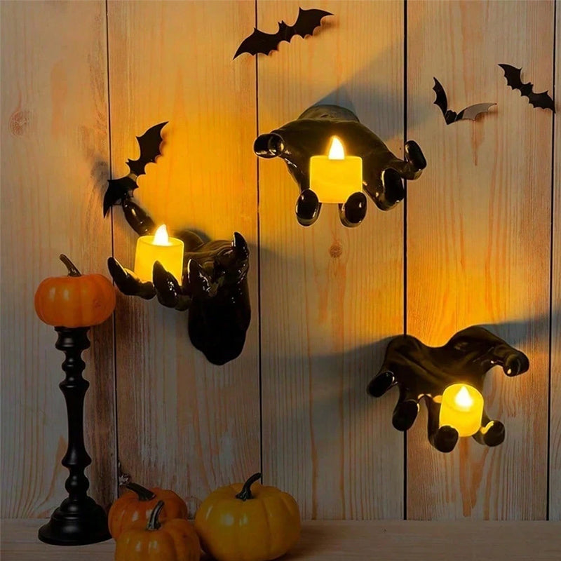 gothic halloween indoor decor: 12-pack bat sticker wall hangings (spooky hands & lit candles) for gothic walls