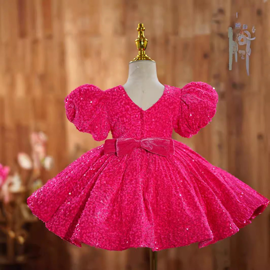 rose red girls' dress birthday party princess runway piano performance costume flower girl short skirt