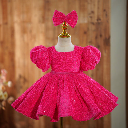 Rose red girls' dress birthday party princess runway piano performance costume flower girl short skirt